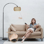 Traditional Rustic Weaving Rattan Fabric Iron Cylinder 1-Light Standing Floor Lamp For Living Room Lumendat