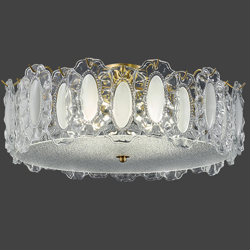 Traditional French Brass Glass Frosted Round Ripple 4/5 Light Semi-flush Mount Ceiling Light for Bedroom