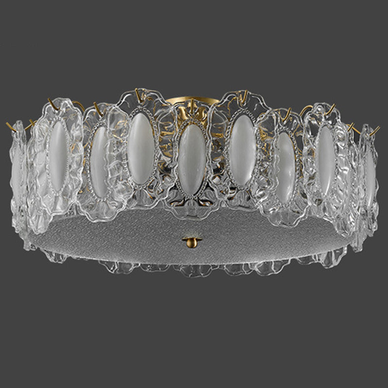 Traditional French Brass Glass Frosted Round Ripple 4/5 Light Semi-flush Mount Ceiling Light for Bedroom