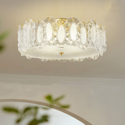 Traditional French Brass Glass Frosted Round Ripple 4/5 Light Semi-flush Mount Ceiling Light for Bedroom