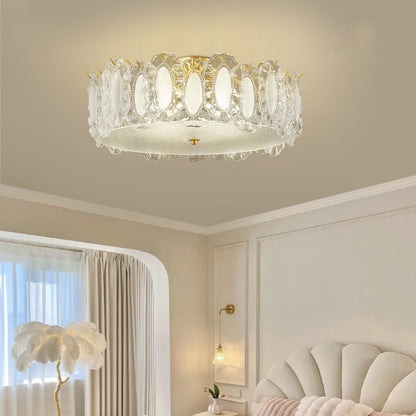 Traditional French Brass Glass Frosted Round Ripple 4/5 Light Semi-flush Mount Ceiling Light for Bedroom