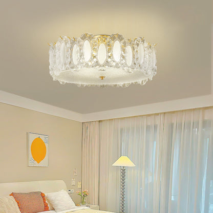 Traditional French Brass Glass Frosted Round Ripple 4/5 Light Semi-flush Mount Ceiling Light for Bedroom