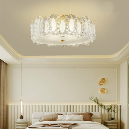 Traditional French Brass Glass Frosted Round Ripple 4/5 Light Semi-flush Mount Ceiling Light for Bedroom