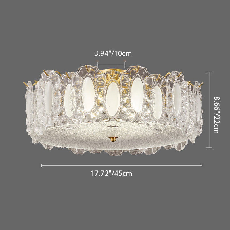 Traditional French Brass Glass Frosted Round Ripple 4/5 Light Semi-flush Mount Ceiling Light for Bedroom