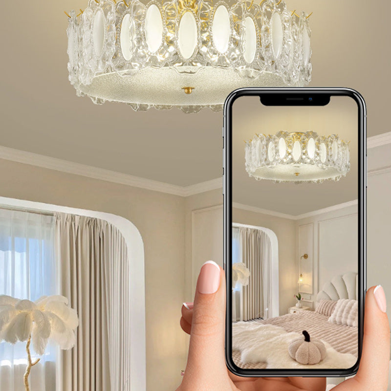 Traditional French Brass Glass Frosted Round Ripple 4/5 Light Semi-flush Mount Ceiling Light for Bedroom