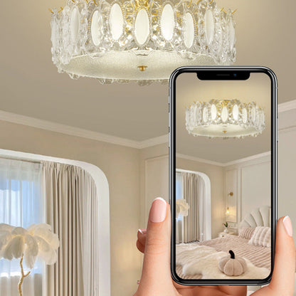 Traditional French Brass Glass Frosted Round Ripple 4/5 Light Semi-flush Mount Ceiling Light for Bedroom