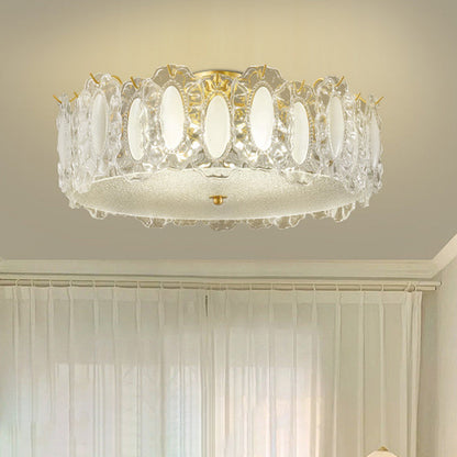 Traditional French Brass Glass Frosted Round Ripple 4/5 Light Semi-flush Mount Ceiling Light for Bedroom
