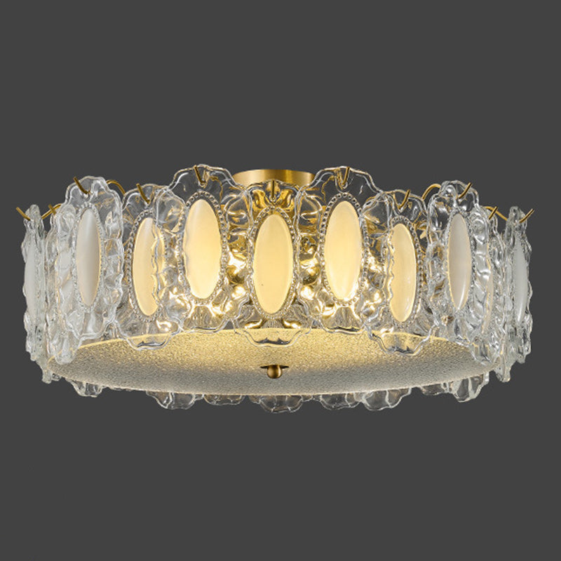Traditional French Brass Glass Frosted Round Ripple 4/5 Light Semi-flush Mount Ceiling Light for Bedroom