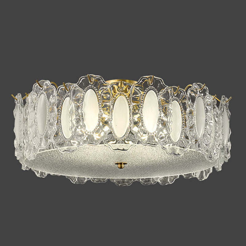 Traditional French Brass Glass Frosted Round Ripple 4/5 Light Semi-flush Mount Ceiling Light for Bedroom