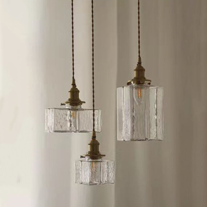 Contemporary Retro Brass Iron Glass Cylinder Cube 1-light Pendant Light for Dining Room BulbSquare