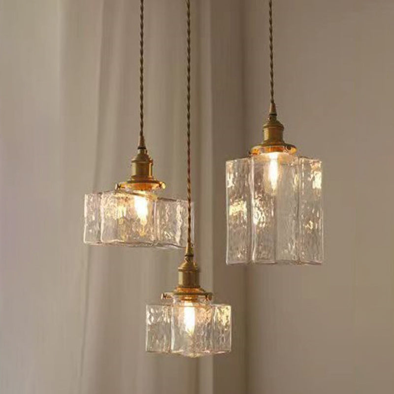 Contemporary Retro Brass Iron Glass Cylinder Cube 1-light Pendant Light for Dining Room BulbSquare