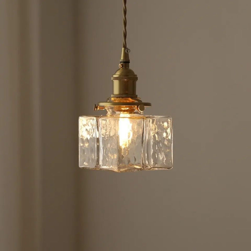 Contemporary Retro Brass Iron Glass Cylinder Cube 1-light Pendant Light for Dining Room BulbSquare
