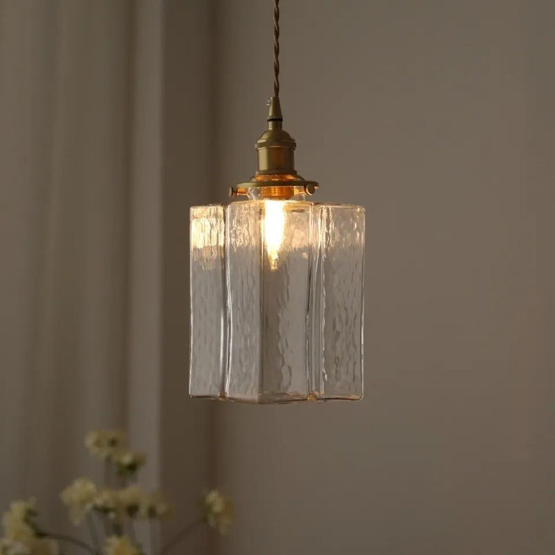 Contemporary Retro Brass Iron Glass Cylinder Cube 1-light Pendant Light for Dining Room BulbSquare