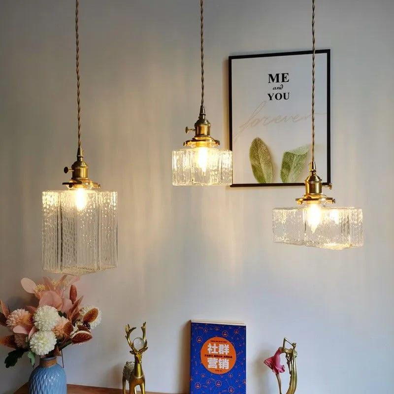 Contemporary Retro Brass Iron Glass Cylinder Cube 1-light Pendant Light for Dining Room BulbSquare