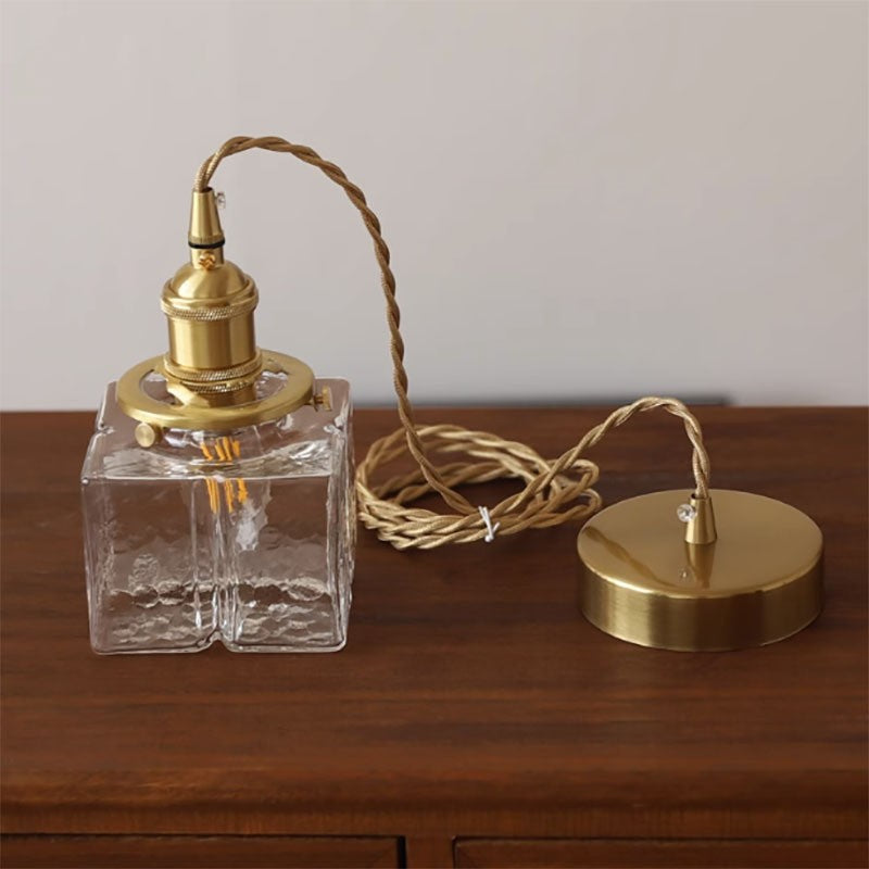 Contemporary Retro Brass Iron Glass Cylinder Cube 1-light Pendant Light for Dining Room BulbSquare