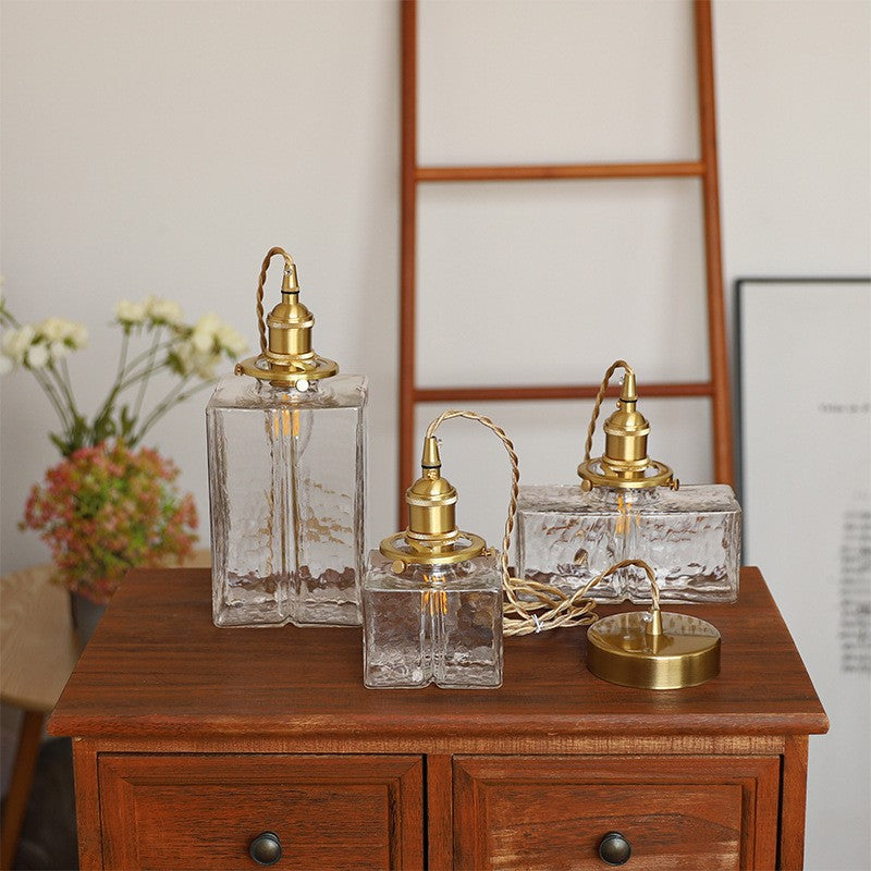 Contemporary Retro Brass Iron Glass Cylinder Cube 1-light Pendant Light for Dining Room BulbSquare