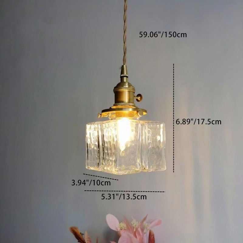 Contemporary Retro Brass Iron Glass Cylinder Cube 1-light Pendant Light for Dining Room BulbSquare
