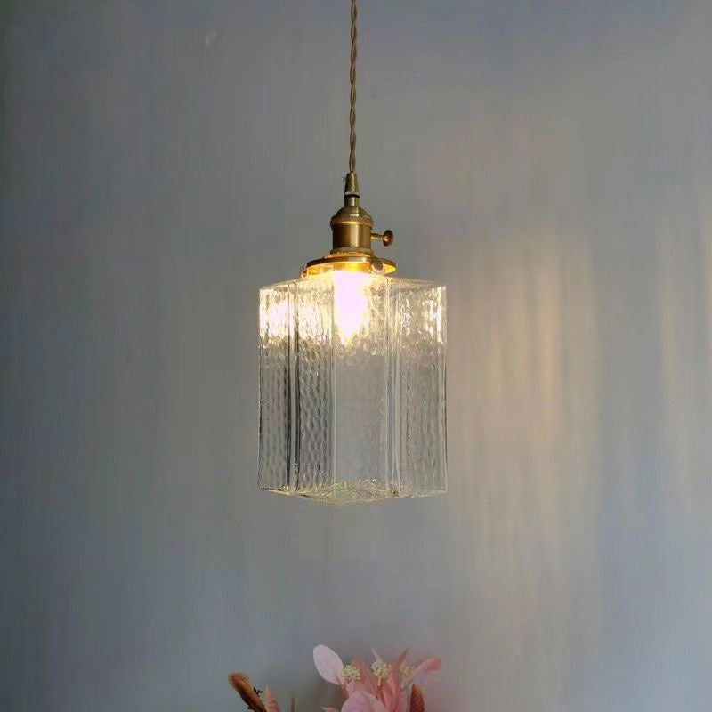 Contemporary Retro Brass Iron Glass Cylinder Cube 1-light Pendant Light for Dining Room BulbSquare