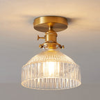 Traditional Japanese Brass Glass Bowl Cylinder Ripple 1-Light Semi-Flush Mount Ceiling Light For Hallway Lumendat