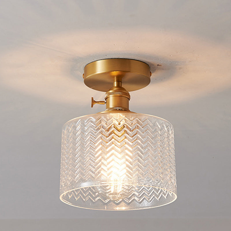 Traditional Japanese Brass Glass Bowl Cylinder Ripple 1-Light Semi-Flush Mount Ceiling Light For Hallway Lumendat