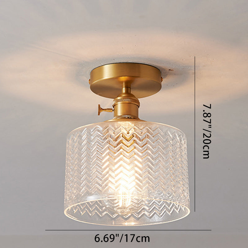 Traditional Japanese Brass Glass Bowl Cylinder Ripple 1-Light Semi-Flush Mount Ceiling Light For Hallway Lumendat