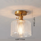 Traditional Japanese Brass Glass Bowl Cylinder Ripple 1-Light Semi-Flush Mount Ceiling Light For Hallway Lumendat