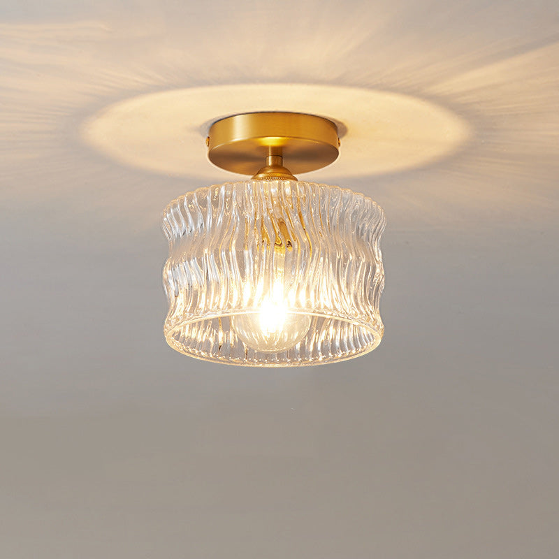 Traditional Japanese Brass Glass Bowl Cylinder Ripple 1-Light Semi-Flush Mount Ceiling Light For Hallway Lumendat
