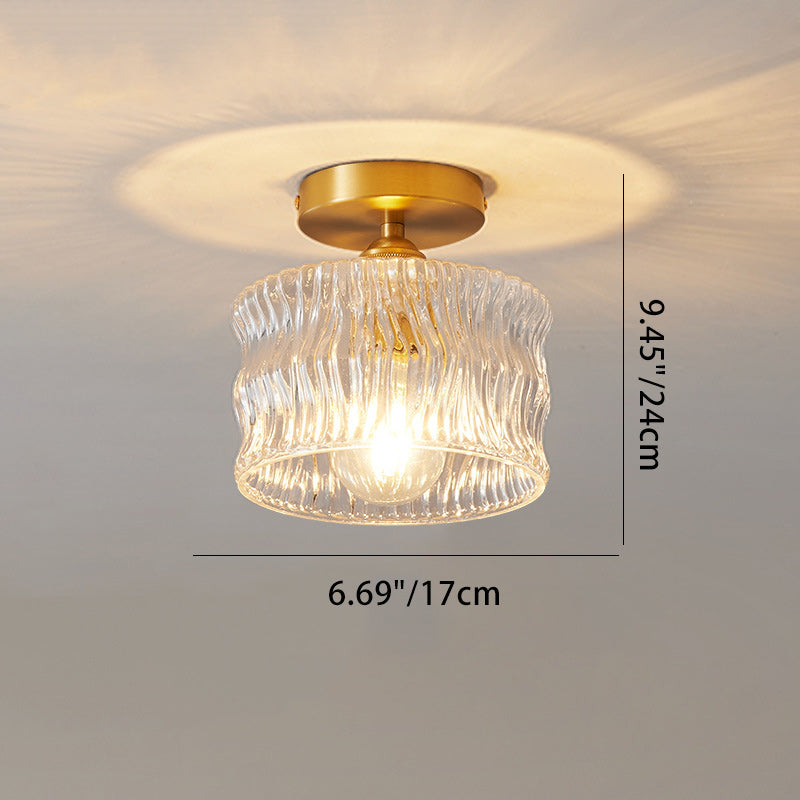 Traditional Japanese Brass Glass Bowl Cylinder Ripple 1-Light Semi-Flush Mount Ceiling Light For Hallway Lumendat