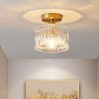 Traditional Japanese Brass Glass Bowl Cylinder Ripple 1-Light Semi-Flush Mount Ceiling Light For Hallway Lumendat