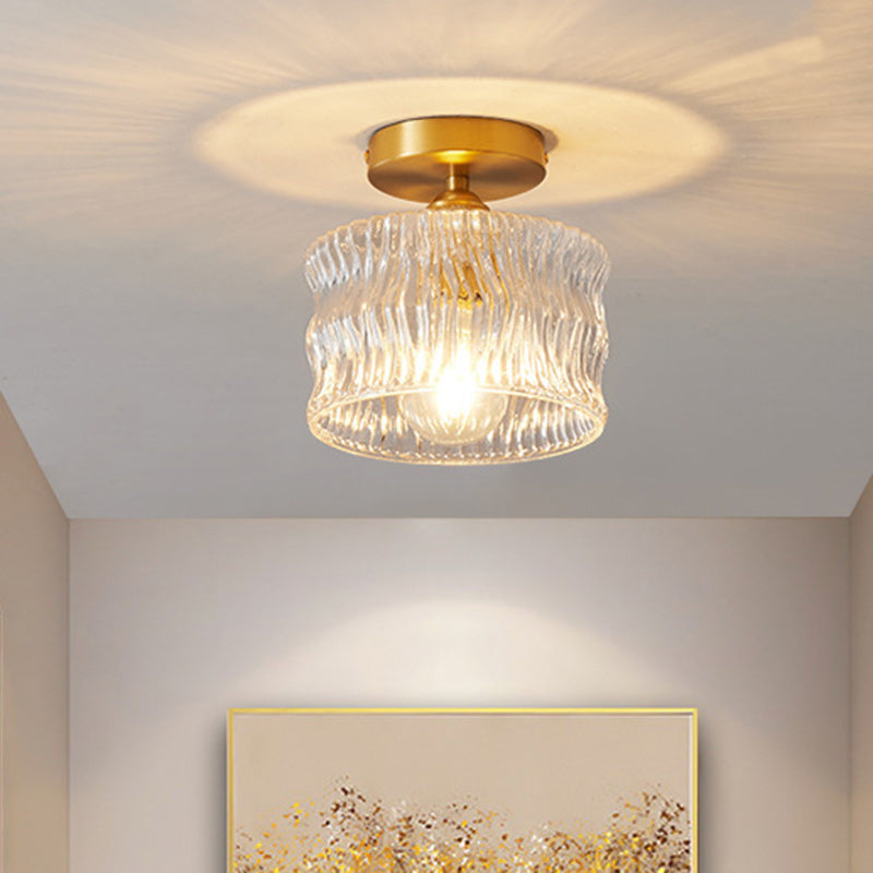 Traditional Japanese Brass Glass Bowl Cylinder Ripple 1-Light Semi-Flush Mount Ceiling Light For Hallway Lumendat