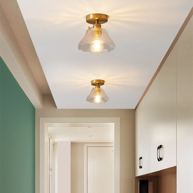 Traditional Japanese Brass Glass Bowl Cylinder Ripple 1-Light Semi-Flush Mount Ceiling Light For Hallway Lumendat
