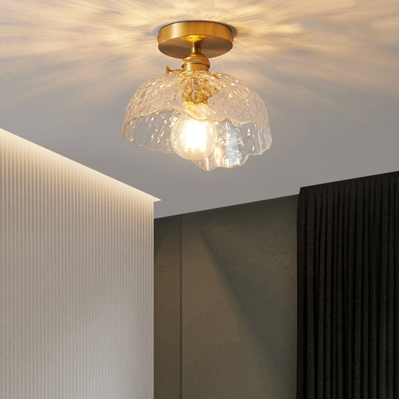 Traditional Japanese Brass Glass Bowl Cylinder Ripple 1-Light Semi-Flush Mount Ceiling Light For Hallway Lumendat