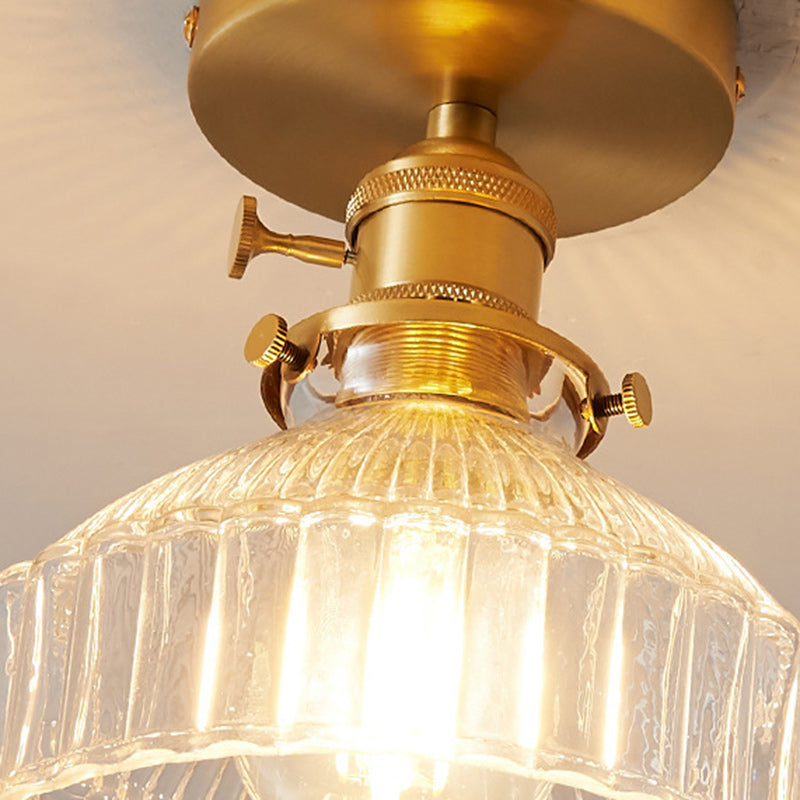 Traditional Japanese Brass Glass Bowl Cylinder Ripple 1-Light Semi-Flush Mount Ceiling Light For Hallway Lumendat