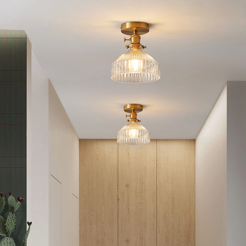 Traditional Japanese Brass Glass Bowl Cylinder Ripple 1-Light Semi-Flush Mount Ceiling Light For Hallway Lumendat