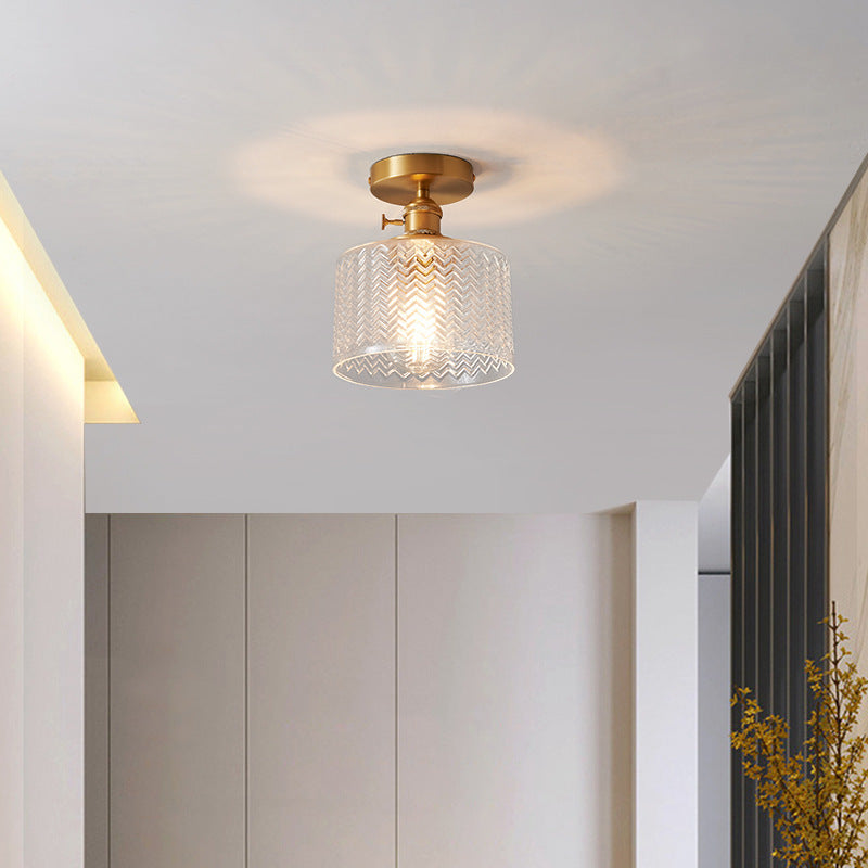 Traditional Japanese Brass Glass Bowl Cylinder Ripple 1-Light Semi-Flush Mount Ceiling Light For Hallway Lumendat
