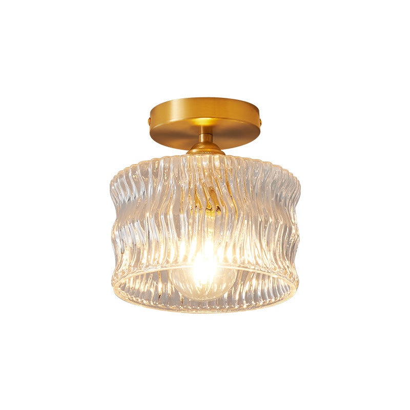 Traditional Japanese Brass Glass Bowl Cylinder Ripple 1-Light Semi-Flush Mount Ceiling Light For Hallway Lumendat