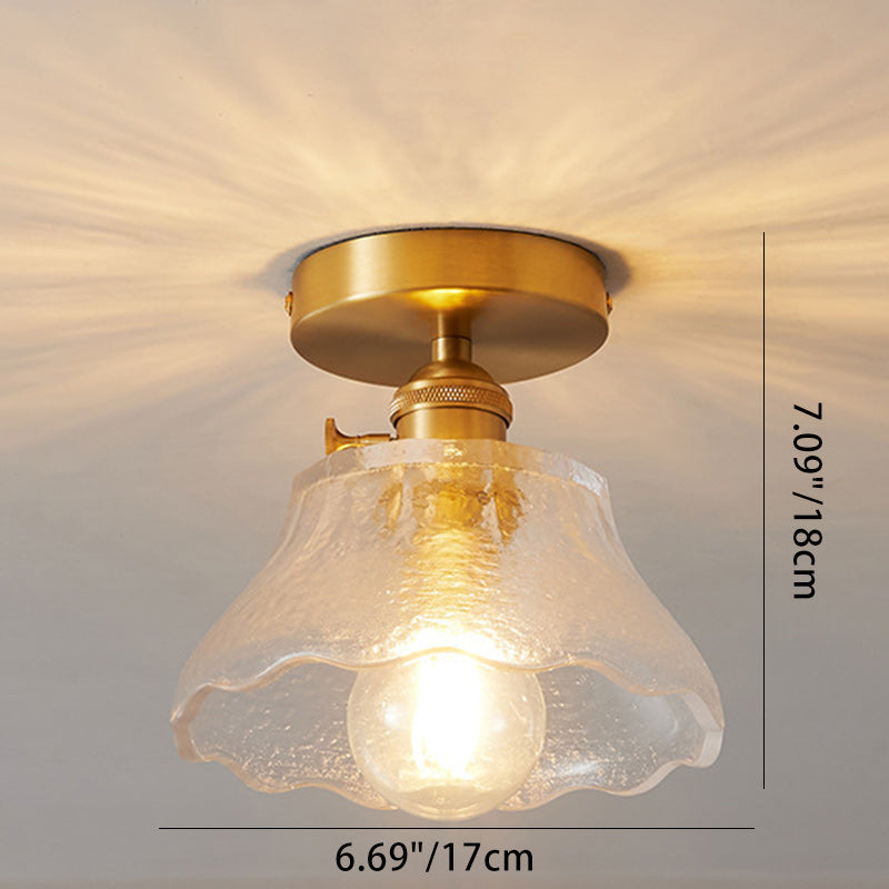 Traditional Japanese Brass Glass Bowl Cylinder Ripple 1-Light Semi-Flush Mount Ceiling Light For Hallway Lumendat