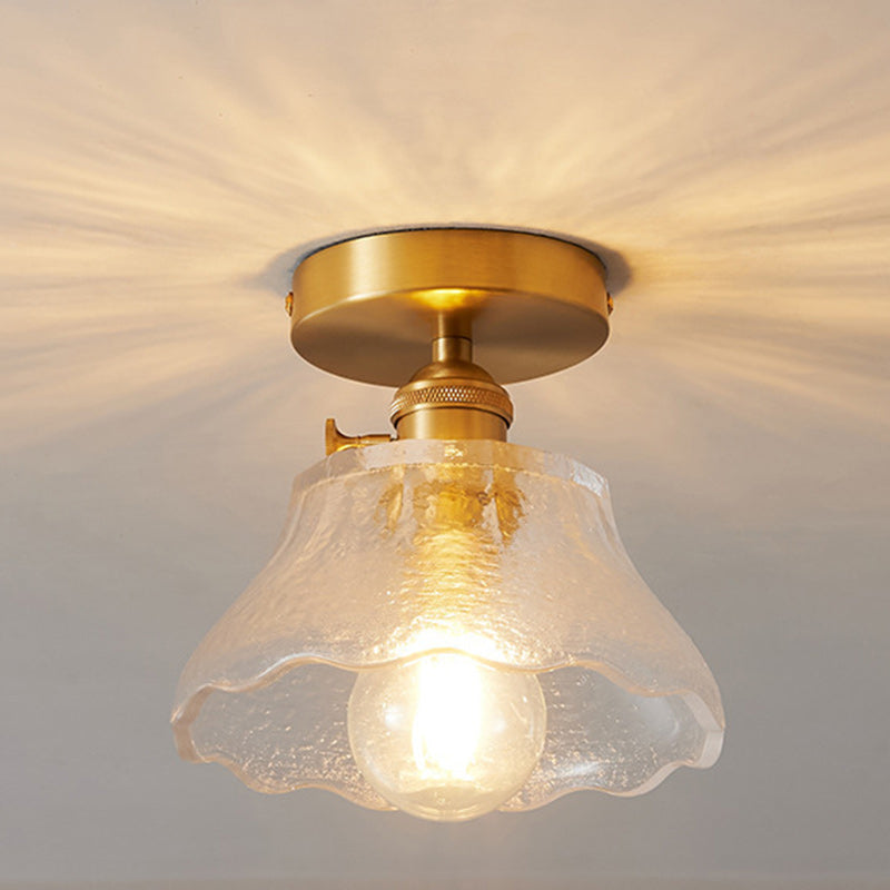 Traditional Japanese Brass Glass Bowl Cylinder Ripple 1-Light Semi-Flush Mount Ceiling Light For Hallway Lumendat