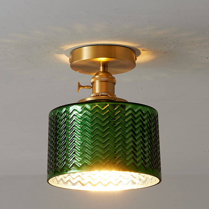 Traditional Japanese Brass Glass Bowl Cylinder Ripple 1-Light Semi-Flush Mount Ceiling Light For Hallway Lumendat