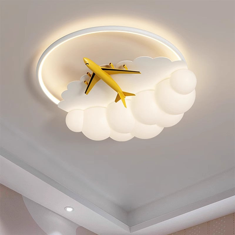 Contemporary Nordic Kids Iron Acrylic Resin Round Plane Cloud LED Flush Mount Ceiling Light for Bedroom