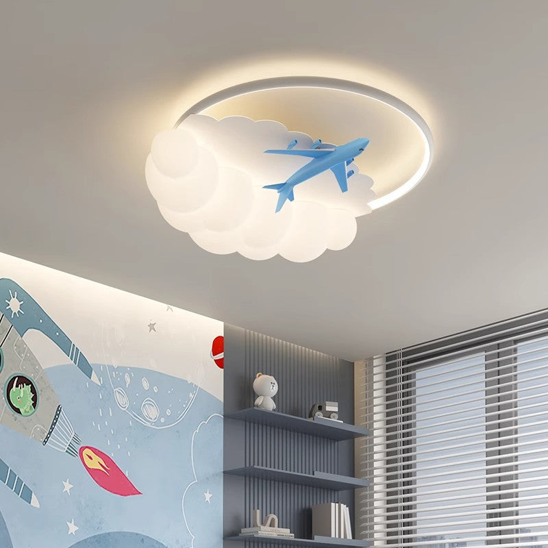 Contemporary Nordic Kids Iron Acrylic Resin Round Plane Cloud LED Flush Mount Ceiling Light for Bedroom