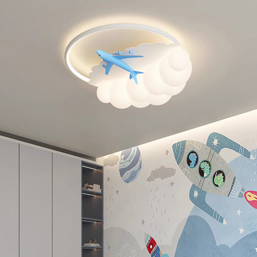 Contemporary Nordic Kids Iron Acrylic Resin Round Plane Cloud LED Flush Mount Ceiling Light for Bedroom