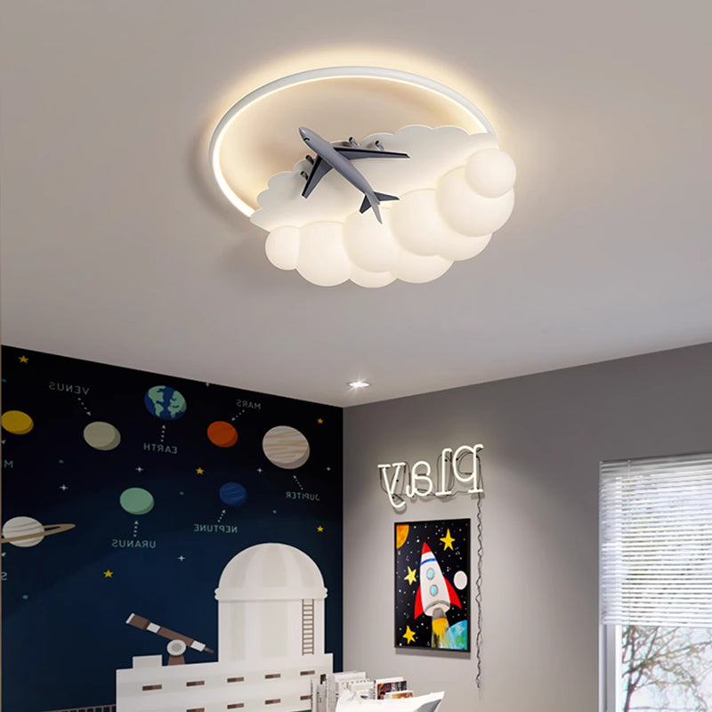 Contemporary Nordic Kids Iron Acrylic Resin Round Plane Cloud LED Flush Mount Ceiling Light for Bedroom