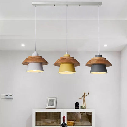 Contemporary Scandinavian Iron Rubber Wood Cylinder Eave 1/3 Light Pendant Light For Dining Room