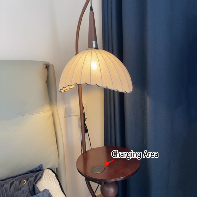Contemporary Retro Wood Iron Fabric Dome Round Shelf 1-Light Standing Floor Lamp For Living Room Lumendat