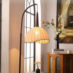 Contemporary Retro Wood Iron Fabric Dome Round Shelf 1-Light Standing Floor Lamp For Living Room Lumendat