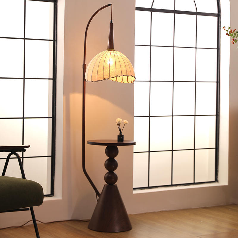 Contemporary Retro Wood Iron Fabric Dome Round Shelf 1-Light Standing Floor Lamp For Living Room Lumendat