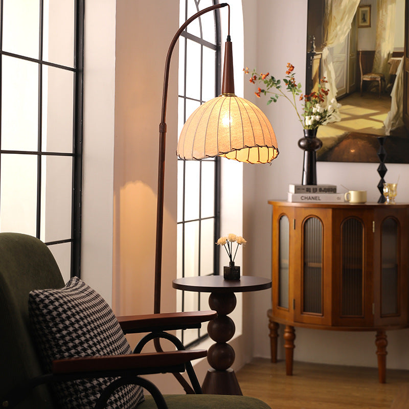 Contemporary Retro Wood Iron Fabric Dome Round Shelf 1-Light Standing Floor Lamp For Living Room Lumendat