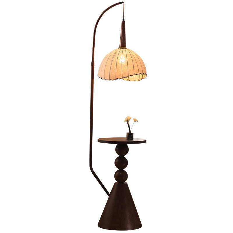 Contemporary Retro Wood Iron Fabric Dome Round Shelf 1-Light Standing Floor Lamp For Living Room Lumendat