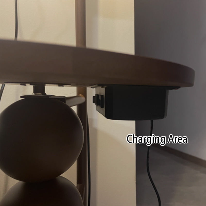 Contemporary Retro Wood Iron Fabric Dome Round Shelf 1-Light Standing Floor Lamp For Living Room Lumendat